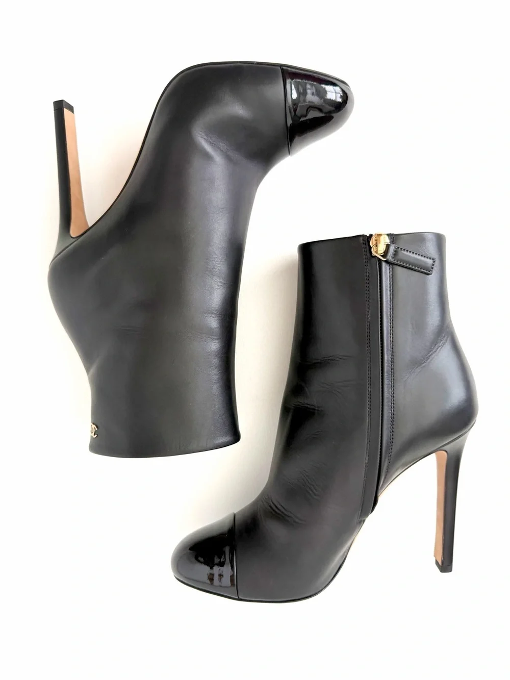 CHANEL | Black Leather CC Cap Toe Ankle Booties Boots Stiletto Heel EU 37